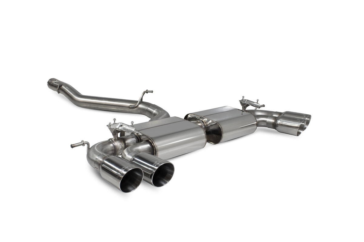 Scorpion Audi SQ2 GPF-Back Exhaust System with valves, non-resonated, showcasing polished stainless steel pipes and exhaust tips