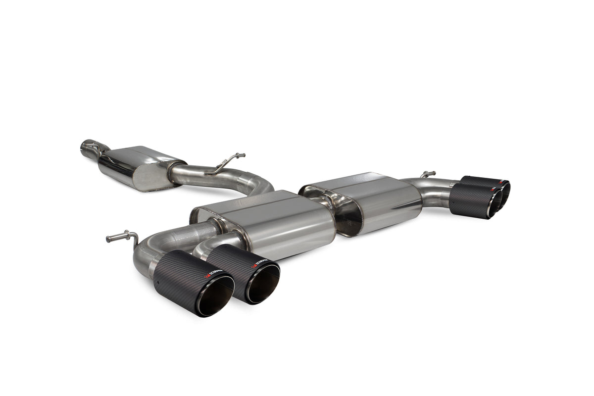 Scorpion Volkswagen Golf R MK7.5 GPF & Non GPF resonated cat-back exhaust system, showcasing polished metal pipes and dual tailpipes.