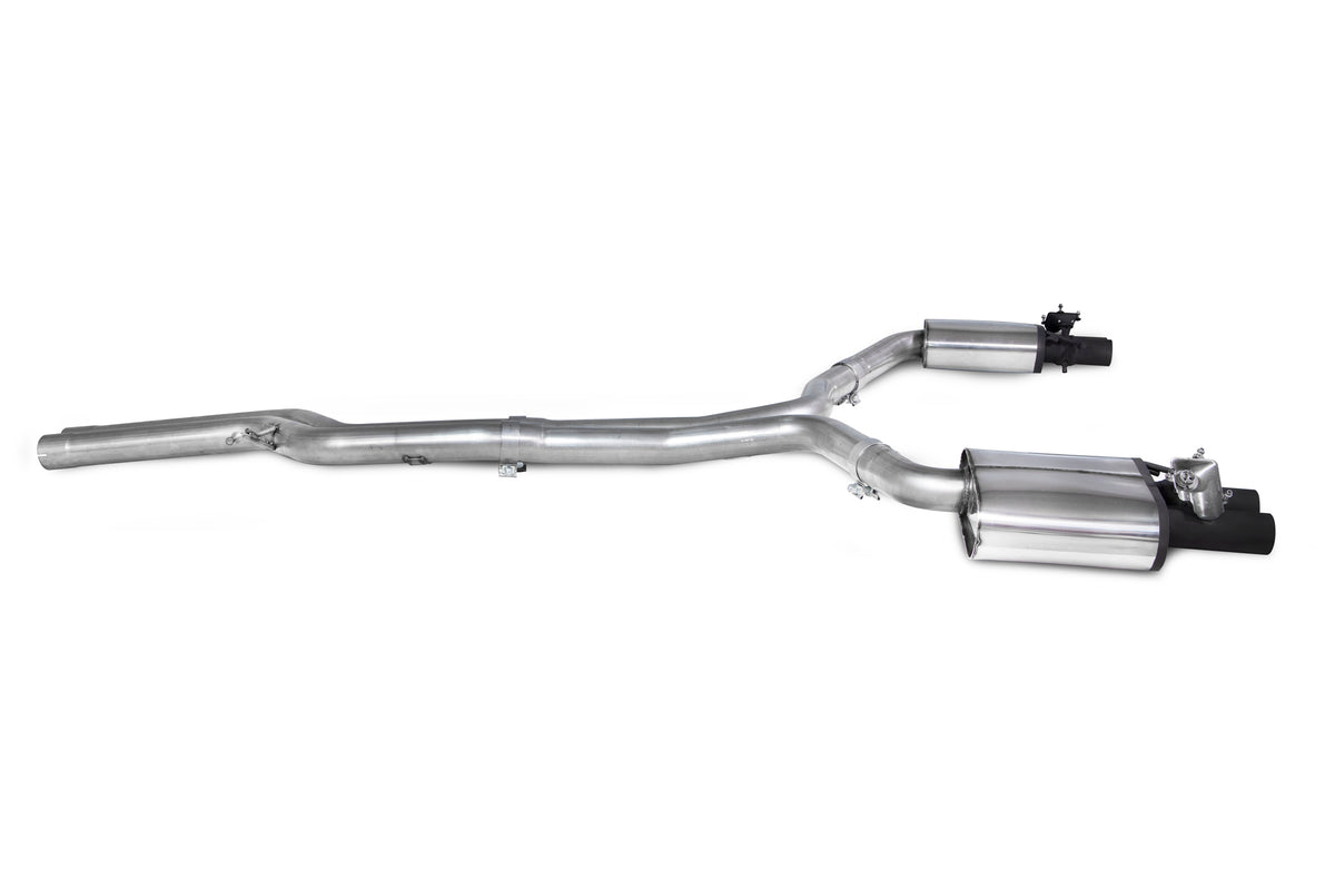 Scorpion Audi RS6 C7 Avant non-resonated tailpipe trim with dual exhaust tips, showcasing sleek metallic finish and detailed design.