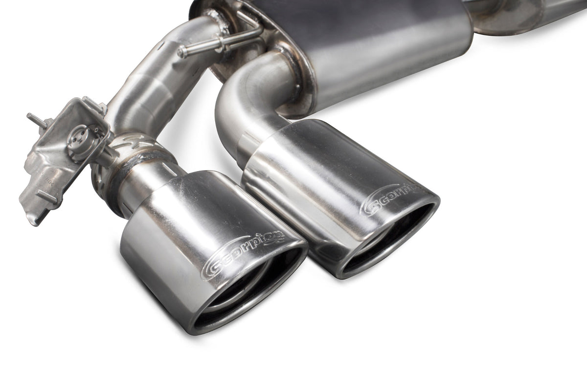Scorpion Audi TT MK3 TTS non-GPF coupe cat-back exhaust system with valves, resonated design, and polished stainless steel finish.