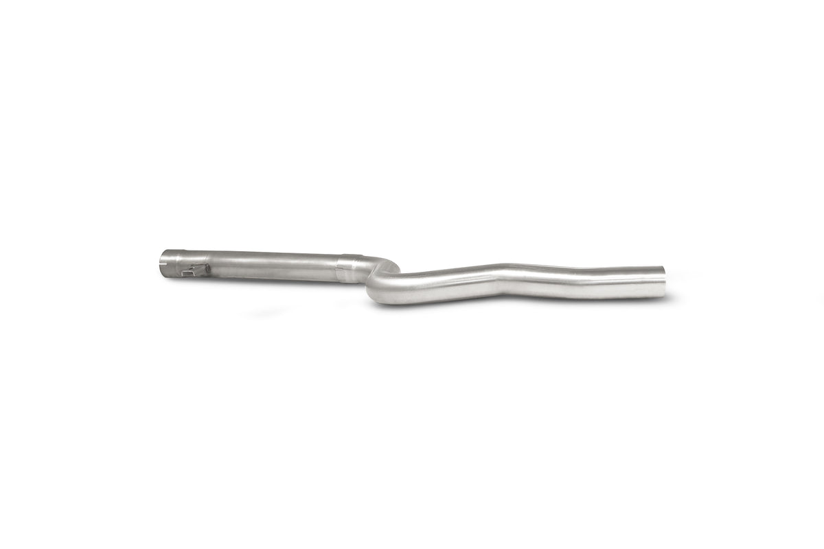 Scorpion BMW M140i, M240i GPF delete pipe installed, showing the stainless steel exhaust pipe and connection points.