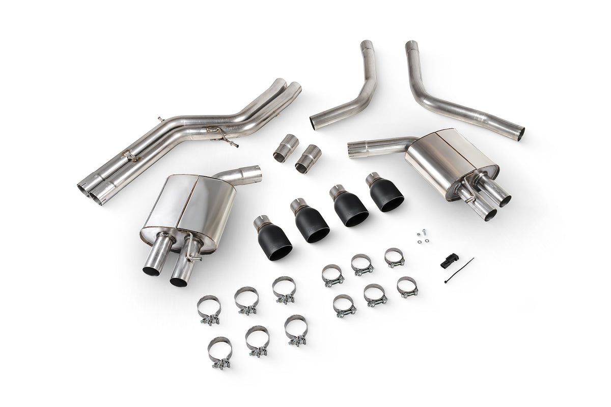 Scorpion Audi S6/S7 C7 non-resonated half exhaust system with no valves, featuring polished metal pipes and mufflers.