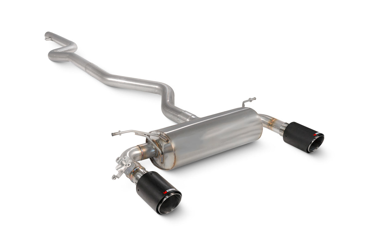 Scorpion BMW 340i and 440i GPF model cat-back exhaust system with non-resonated design, showcasing the stainless steel pipes and muffler.