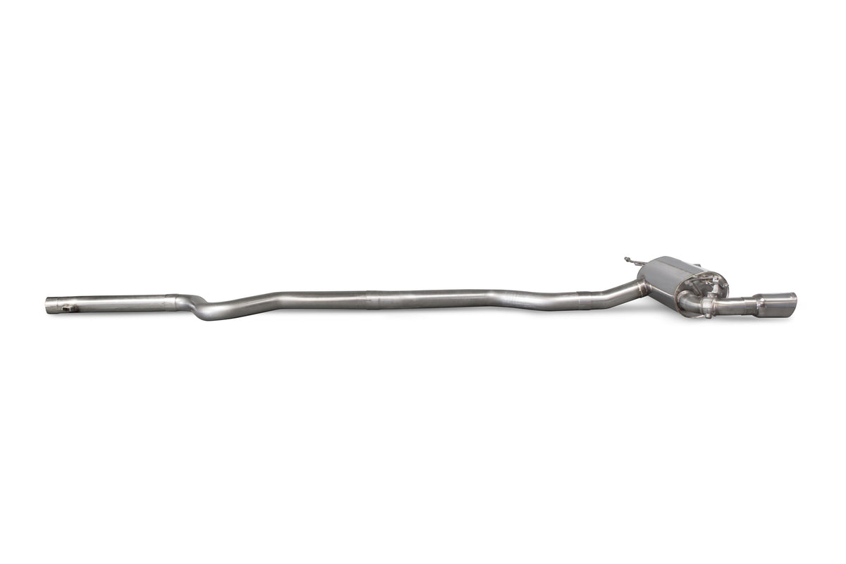 Scorpion BMW M240i (F22, F23) non-GPF cat-back exhaust system with electronic valves, showing polished stainless steel pipes and mufflers.