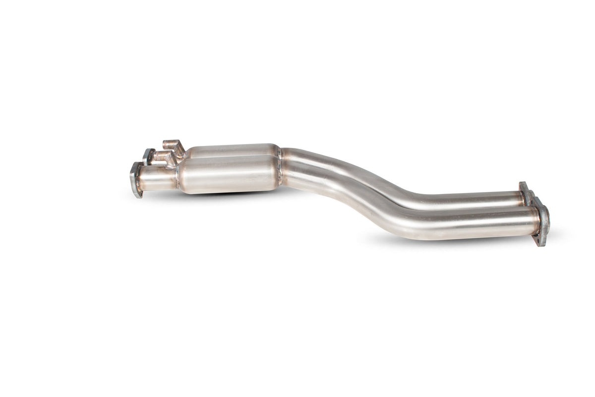Scorpion BMW M3 E46 catalyst replacement performance exhaust component in polished metal with mounting brackets