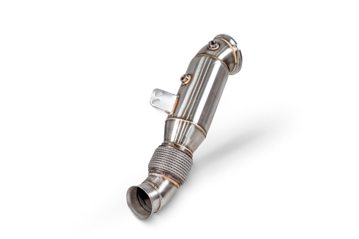 Scorpion BMW X3 M40i G01 sports cat downpipe with high flow catalyst, showcasing the exhaust component with polished metal finish.