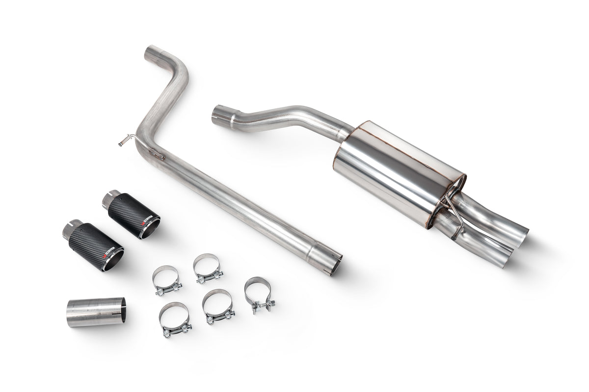Scorpion Volkswagen Polo GTI AW GPF-Back Exhaust System, non-resonated, showing stainless steel pipes and exhaust tips.