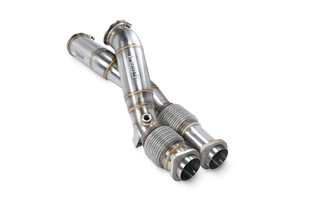 Scorpion BMW X3 M and X4 M de-cat downpipes, including Competition model, showing polished stainless steel exhaust components.