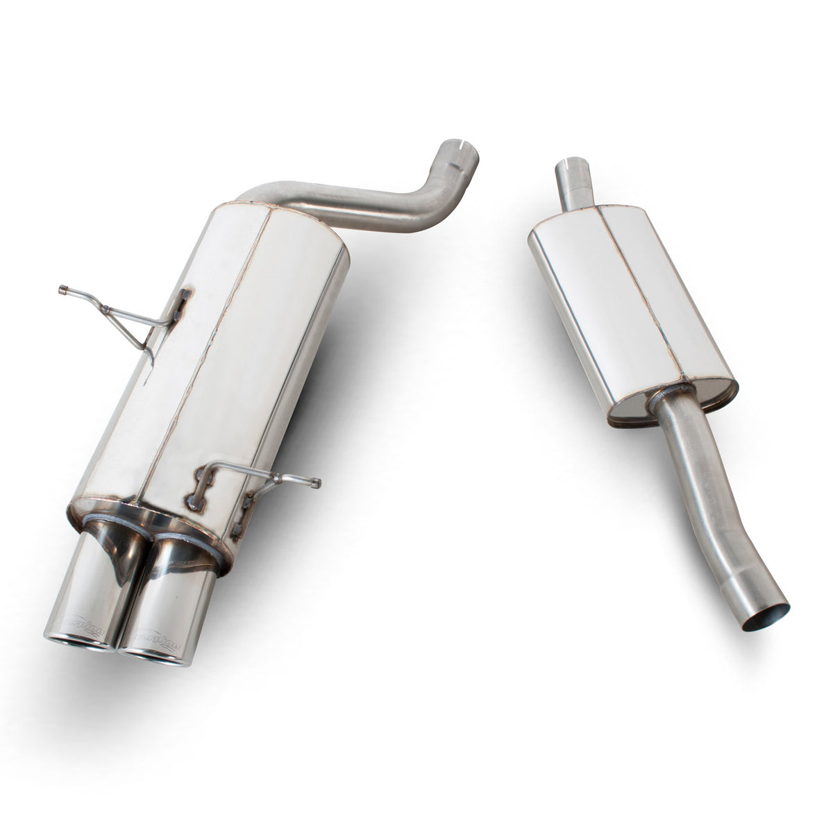 Scorpion BMW 316/318 E46 Cat-Back Exhaust System showing polished stainless steel pipes and dual exhaust tips.