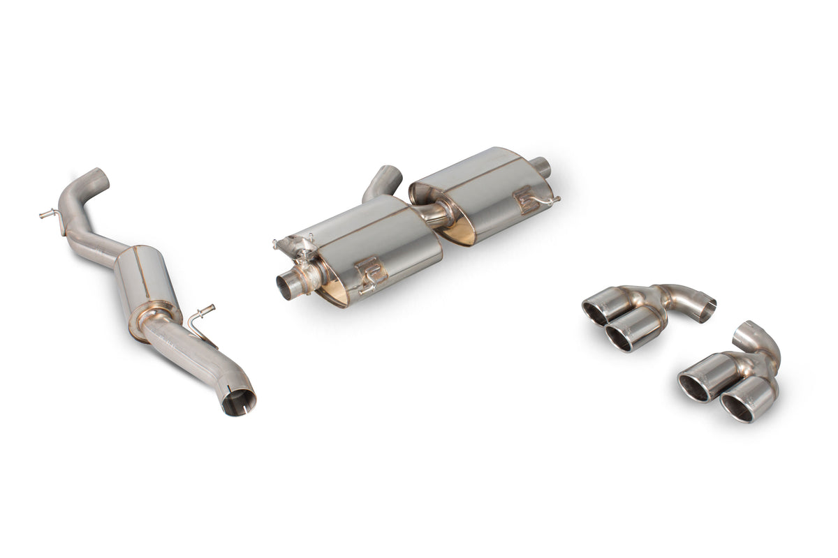 Scorpion Audi S1 2.0 TFSI quattro cat-back exhaust system with resonated pipes and electronic valves, installed on a car.