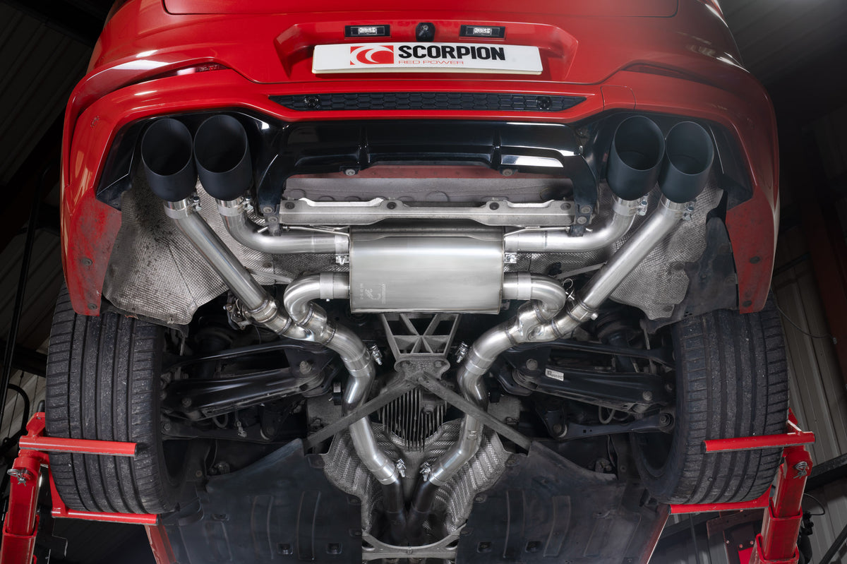 Scorpion BMW X4 M half exhaust system with valves, showcasing the polished metal pipes and dual outlet tips.