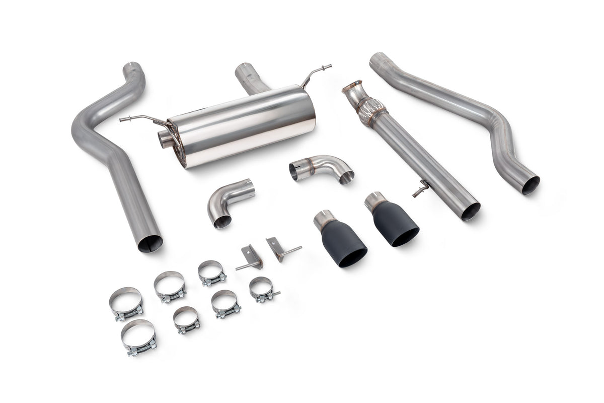 Scorpion BMW M235i F22 non-resonated cat-back exhaust system without valve, showing polished stainless steel pipes and muffler design.
