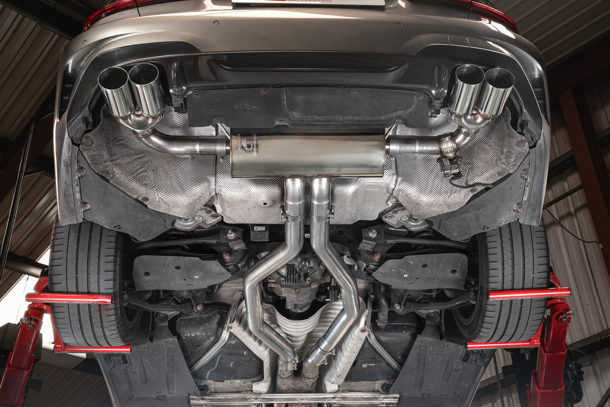 Scorpion BMW G20 G21 G22 M340i xDrive half exhaust system with electronic valve, showcasing the stainless steel pipes and muffler.