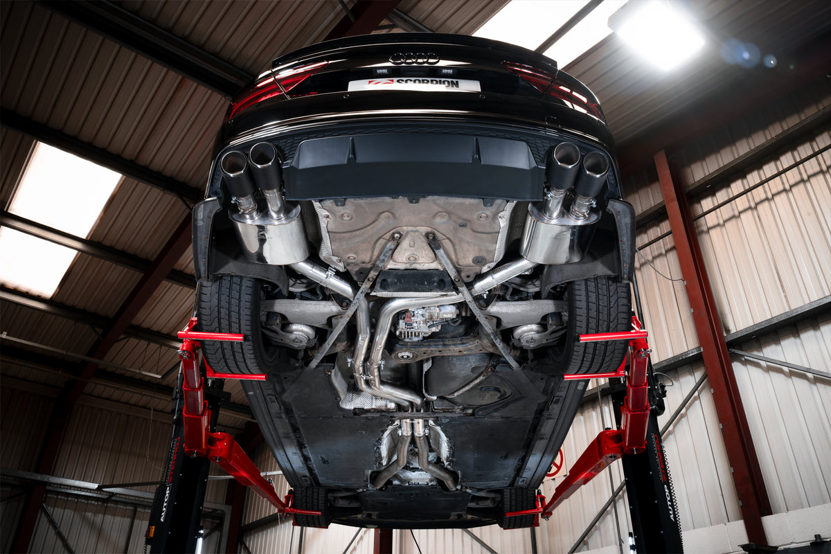 Scorpion Audi S6/S7 C7 non-resonated half exhaust system with electronic valves, featuring polished metal pipes and valve control.