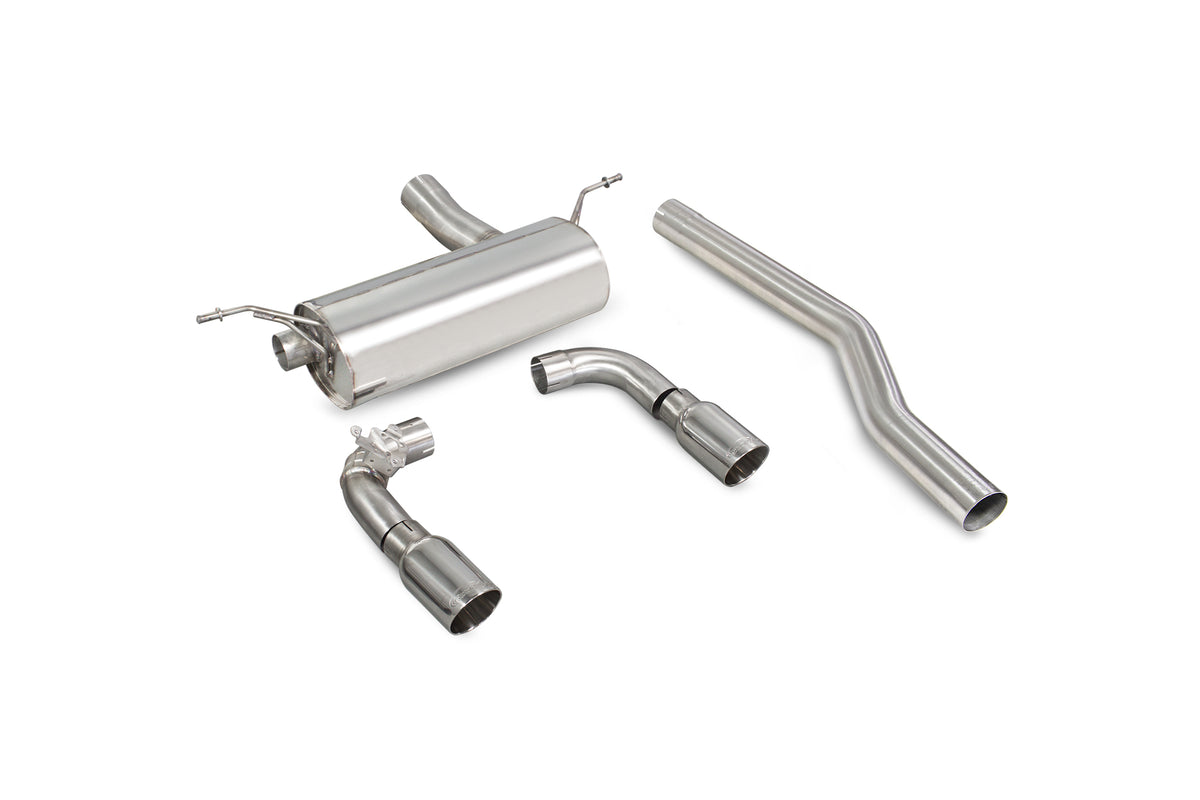 Scorpion BMW M240i GPF back exhaust system with electronic valve, showcasing polished metal pipes and exhaust tips.
