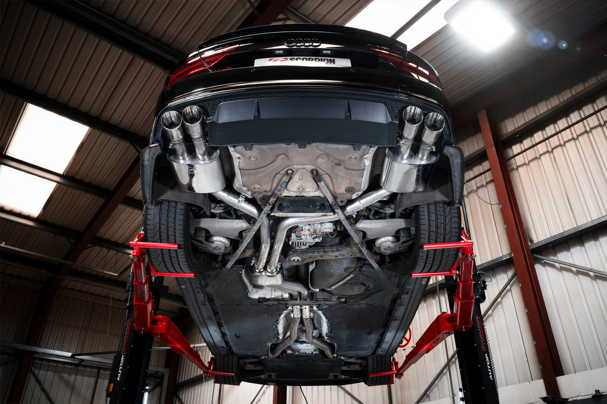 Scorpion Audi S6/S7 C7 resonated half exhaust system without valves, featuring polished stainless steel pipes and dual exhaust tips.