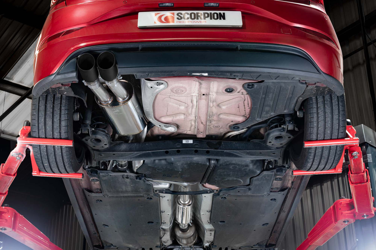 Scorpion Volkswagen Polo GTI AW GPF-Back Exhaust System with resonated design, installed on a facelift model, showcasing polished metal pipes.