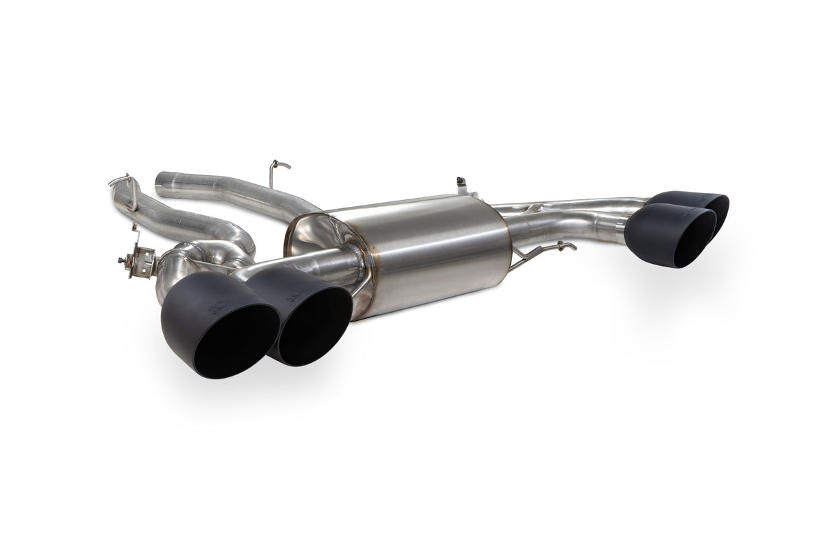 Scorpion BMW X4 M half exhaust system with valves, featuring polished metal pipes and dual exhaust tips for sporty performance.