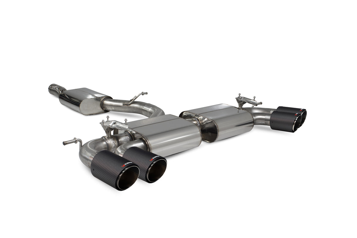 Scorpion Volkswagen Golf R MK8/8.5 GPF model resonated cat-back exhaust system with electronic valves, showcasing polished stainless steel pipes.