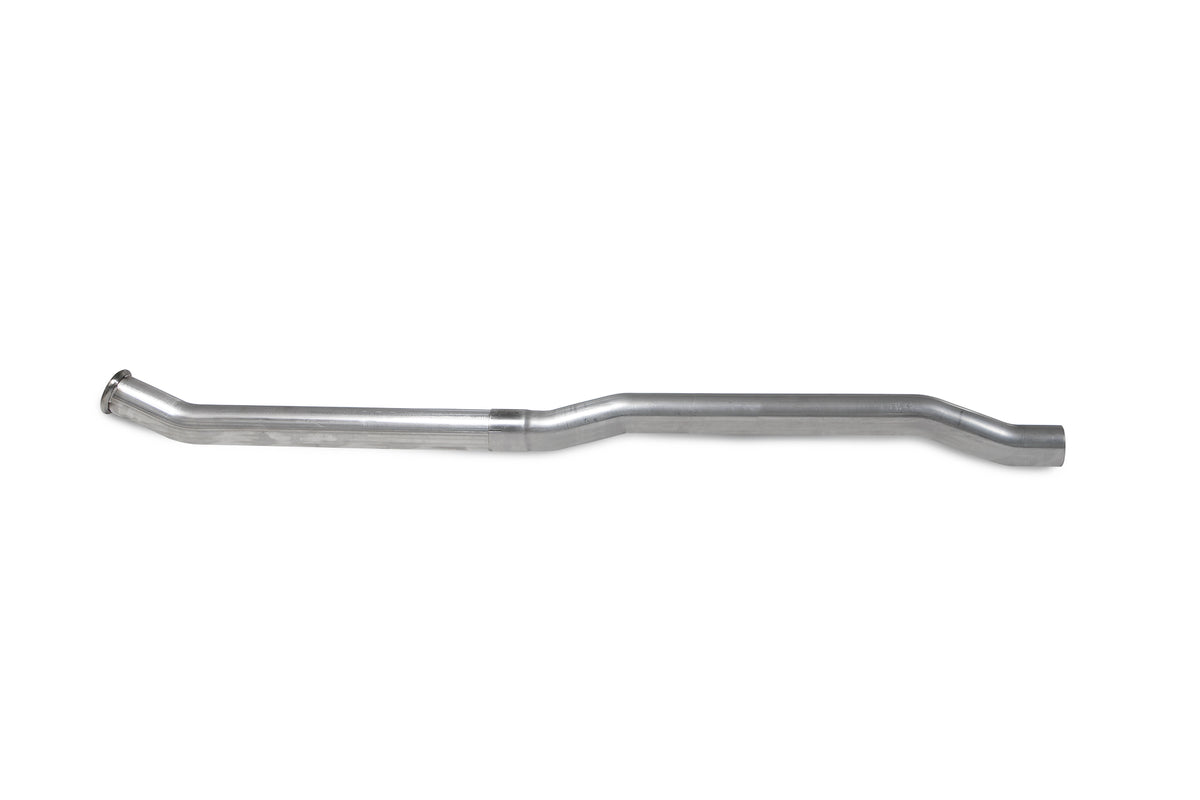 Scorpion BMW M235i Gran Coupe xDrive GPF delete pipe, exhaust upgrade part, close-up view of stainless steel exhaust pipe.