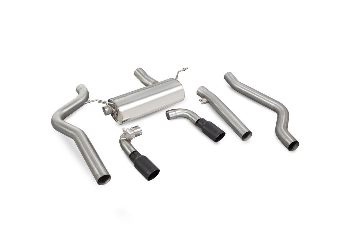Scorpion BMW M240i F22 F23 Non GPF cat-back exhaust system with electronic valves, non-resonated, chrome tips, and dual pipes.