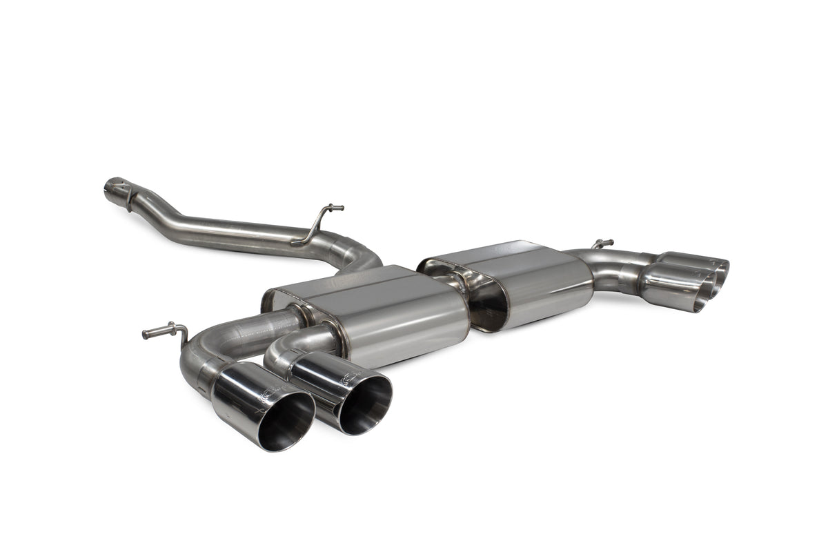 Scorpion Volkswagen Golf R MK8 GPF-Back Exhaust System with non-resonated cat-back design, stainless steel construction, and dual exhaust tips.
