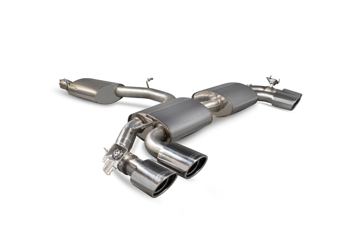 Scorpion Audi TT MK3 TTS non-GPF coupe cat-back exhaust system with resonated pipes and valves, installed on the vehicle.
