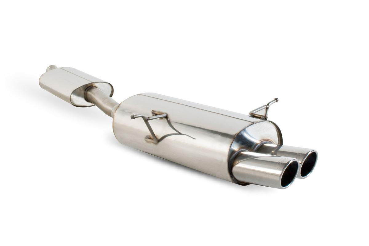 Scorpion BMW 316/318 E46 cat-back exhaust system installed, showing polished exhaust pipes and muffler components.