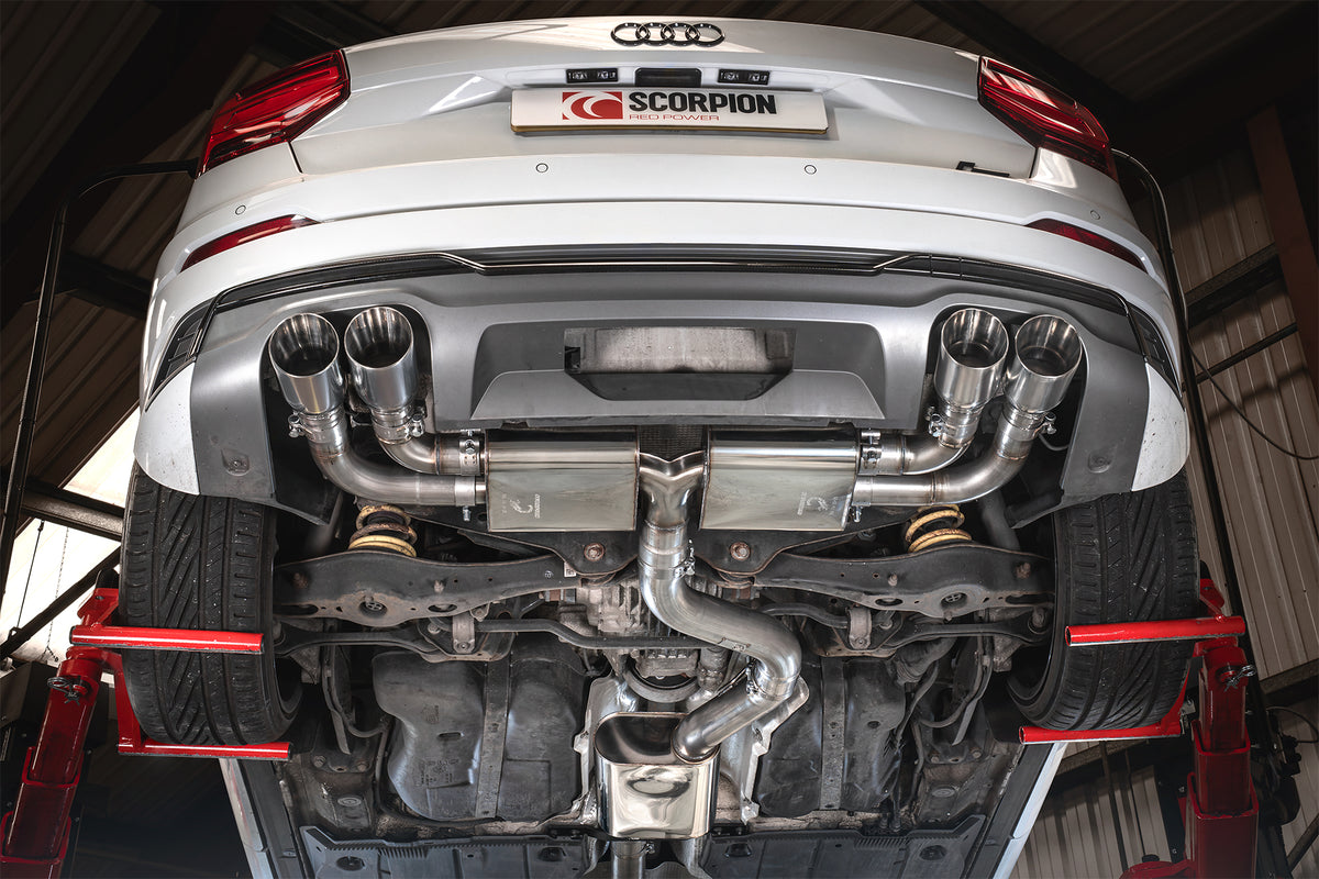 Scorpion Audi SQ2 GPF-Back Resonated Exhaust System with non-valved design, featuring polished metal pipes and dual exhaust tips.