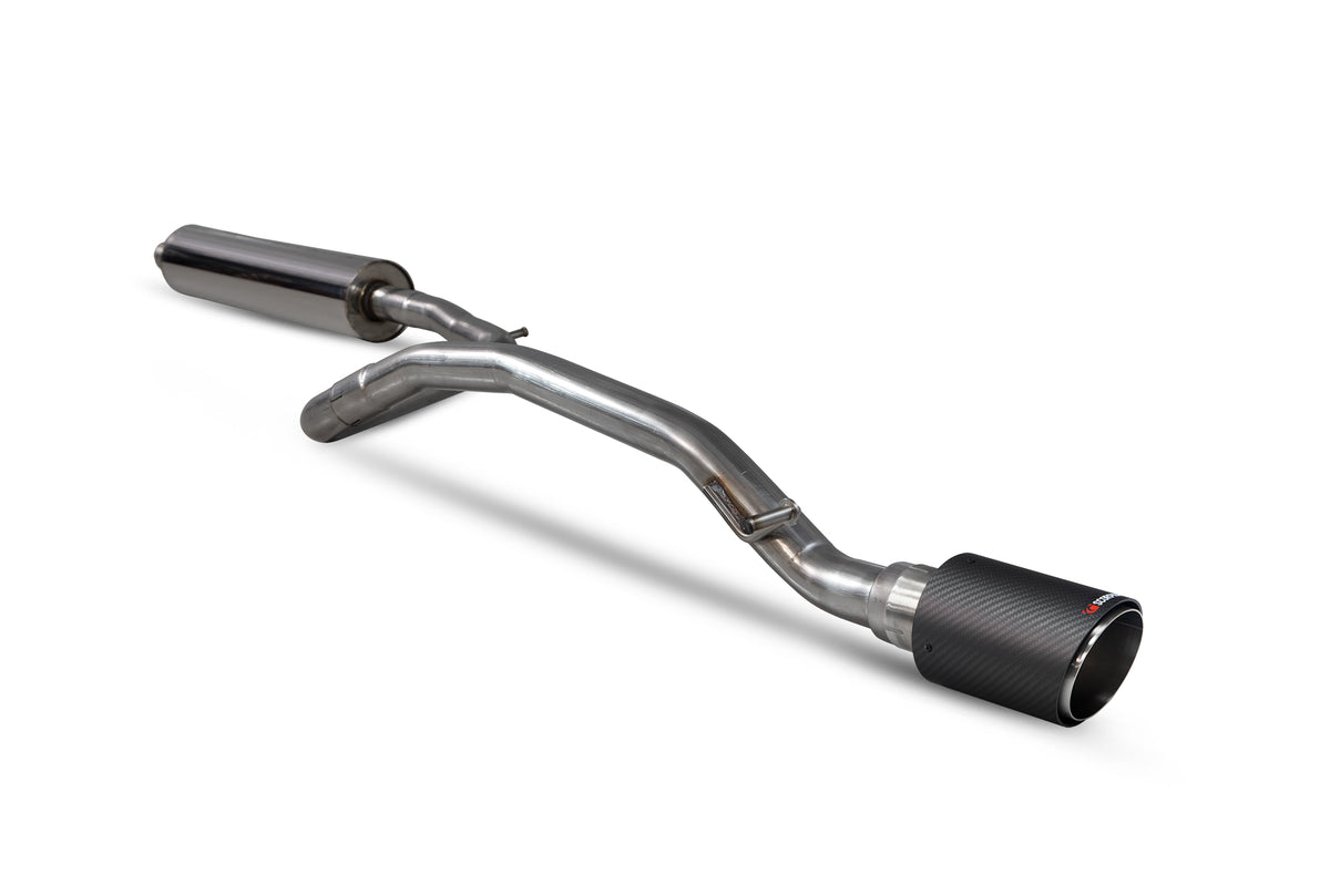 Scorpion Volkswagen UP! GTI TSI resonated cat-back exhaust system installed on car, showcasing polished stainless steel pipes and muffler