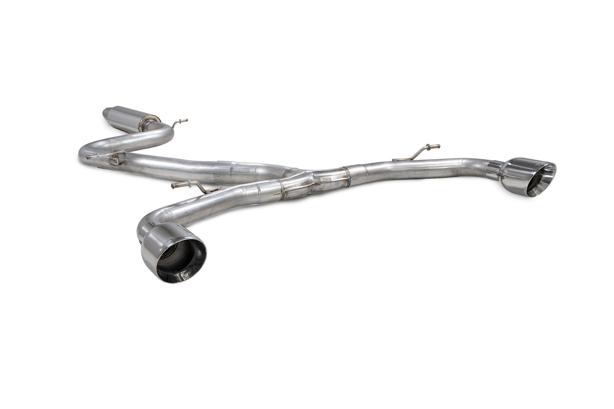Scorpion Volkswagen Golf MK8 GTI Clubsport GPF-Back Exhaust System with resonated Predator design, showcasing polished exhaust tips.