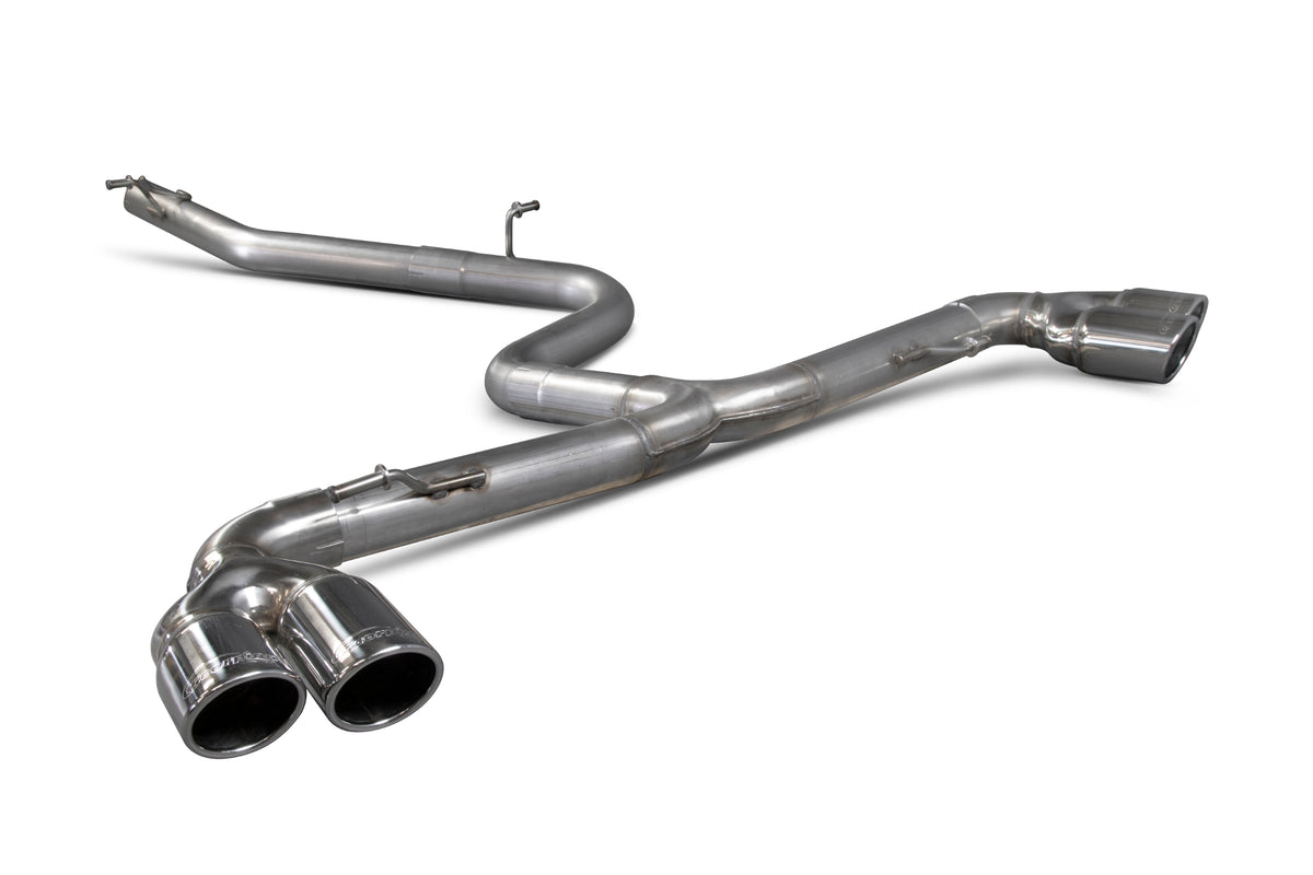 Scorpion Audi TT Mk2 2.0 Tdi quattro cat-back exhaust system, showing polished stainless steel pipes and muffler components.