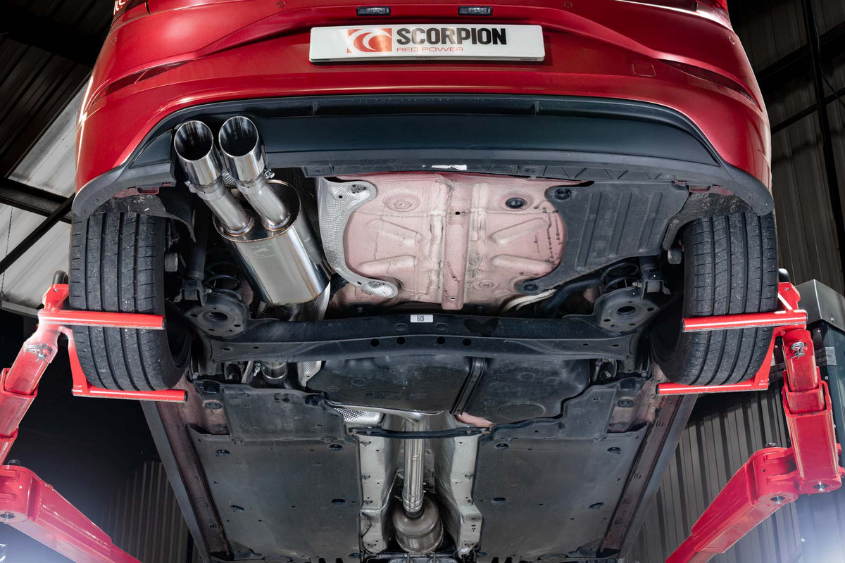 Scorpion Volkswagen Polo GTI AW GPF-Back Exhaust System, non-resonated, showing the stainless steel muffler and exhaust pipes.