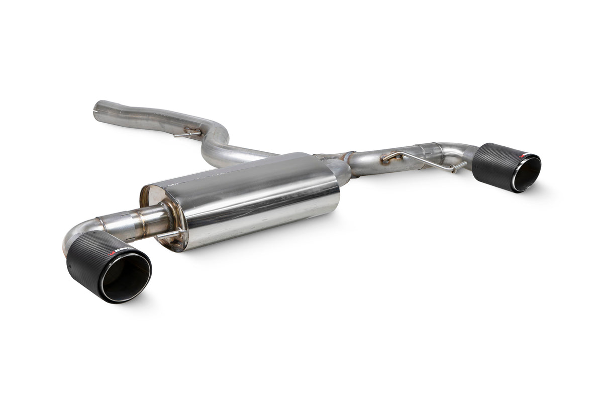 Scorpion BMW 220i G42 GPF-Back Exhaust System showing stainless steel pipes and dual tailpipes on a vehicle.