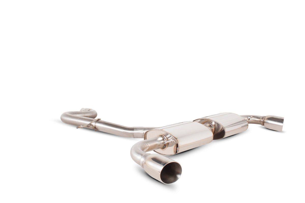 Scorpion Audi TT Mk2 2.0 TFSI cat-back exhaust system with polished stainless steel pipes and dual exhaust tips.