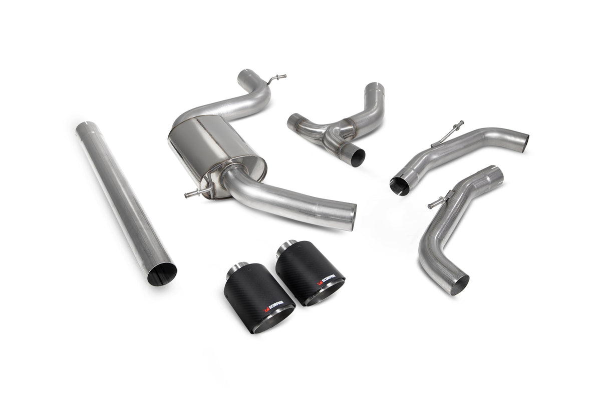 Scorpion Volkswagen Golf MK8 GTI GPF-Back Exhaust System with non-resonated design, showcasing polished metal pipes and exhaust tips