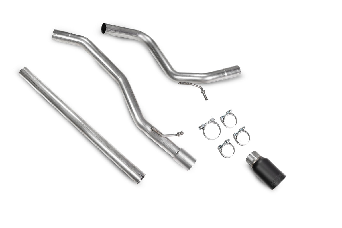 Scorpion Volkswagen UP! GTI TSI cat-back exhaust system with polished stainless steel muffler and piping, designed for performance and style.