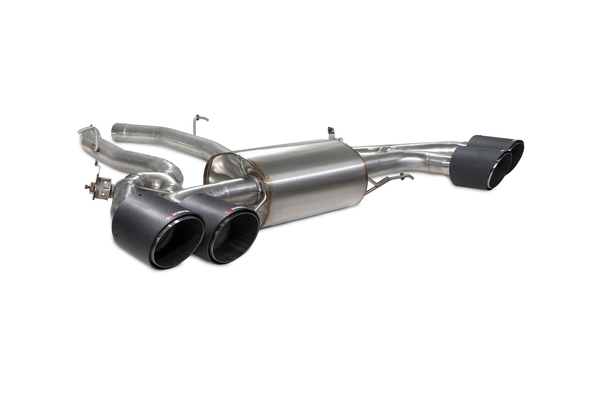 Scorpion BMW X4 M half exhaust system with valves, showing the polished metal pipes and dual exhaust tips.