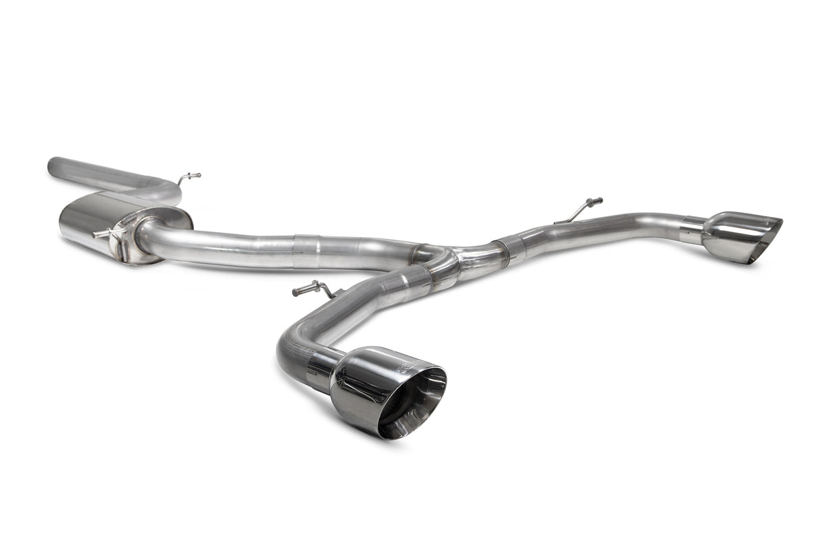 Scorpion Volkswagen Golf MK8 GTI GPF-Back Exhaust System, non-resonated, with polished stainless steel mufflers and dual exhaust tips.