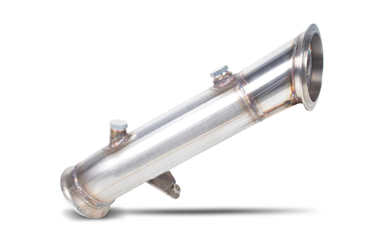 Scorpion BMW M135 F20 de-cat downpipe showing stainless steel construction and polished finish with detailed welds.