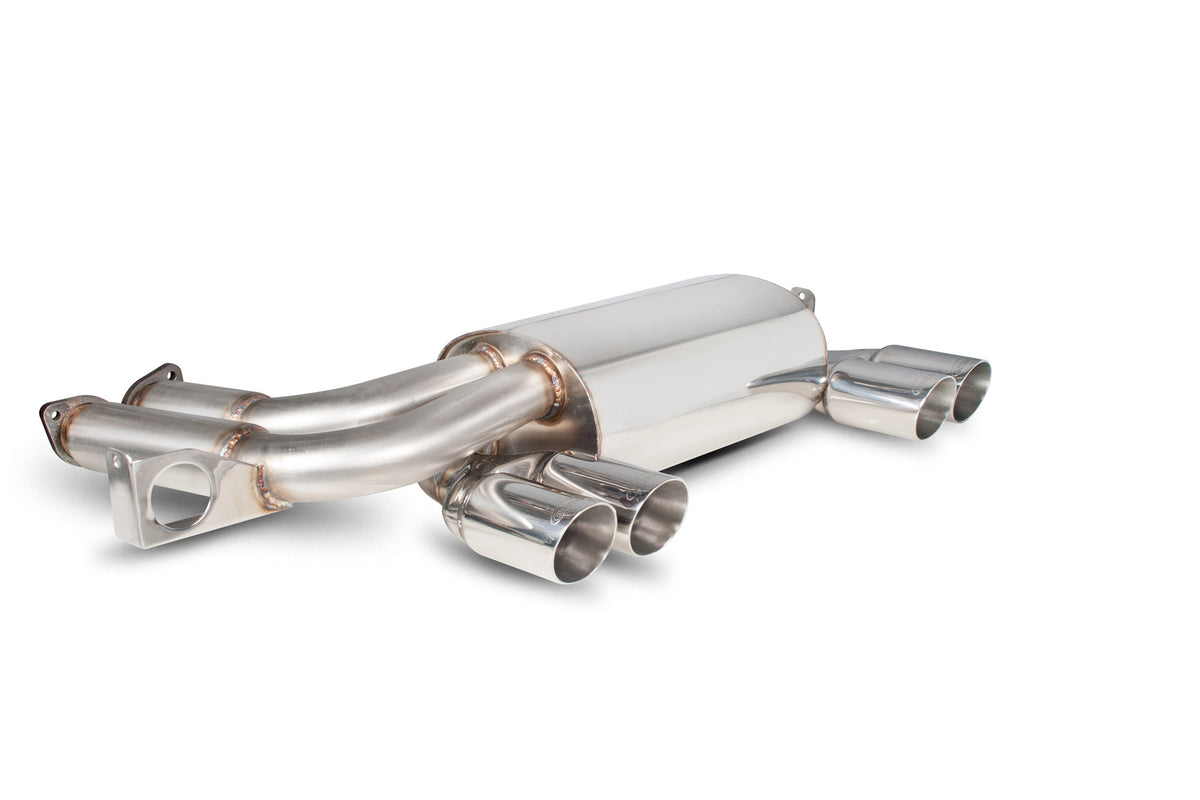 Scorpion BMW M3 E46 rear silencer exhaust component in stainless steel with polished finish.