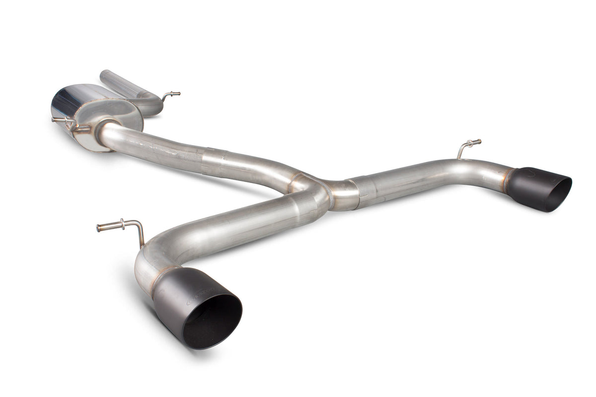Scorpion Volkswagen Golf MK7 GTI non-resonated cat-back exhaust system installed, showcasing polished stainless steel pipes and muffler.
