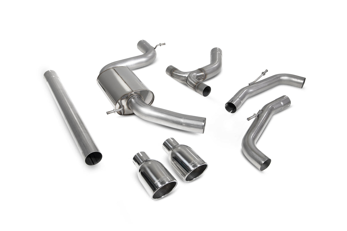 Scorpion Volkswagen Golf MK8 GTI GPF-Back Exhaust System, non-resonated, showcasing the stainless steel exhaust pipes and muffler.