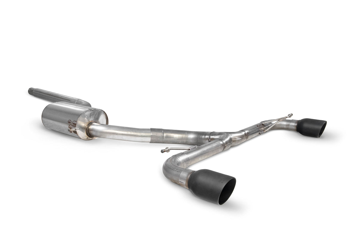 Scorpion Volkswagen Scirocco R resonated predator cat-back exhaust system installed on a car, showcasing polished metal pipes and muffler.