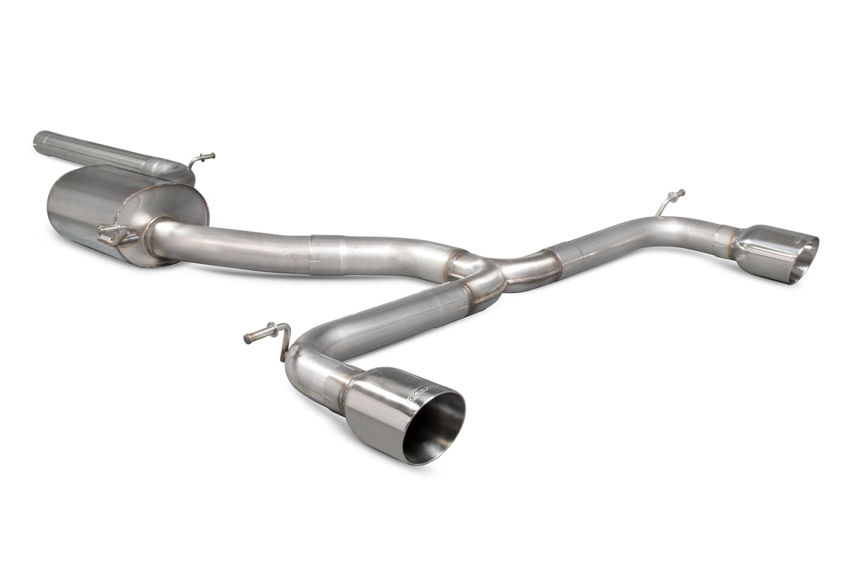 Scorpion Volkswagen Golf Mk7.5 1.5 TSI non-resonated cat-back exhaust system installed, showing stainless steel pipes and muffler.