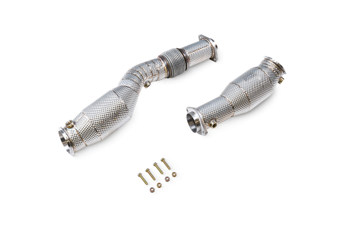 Scorpion BMW M2 G87, M3 G80/G81, M4 G82 sports cat downpipe with high-flow catalysts for X4 M models, performance upgrade.