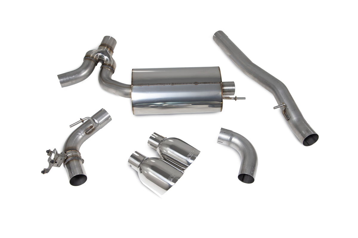 Scorpion BMW M135i xDrive GPF-Back Exhaust System with electronic valve installed on the F40 GPF model, showcasing polished metal pipes.