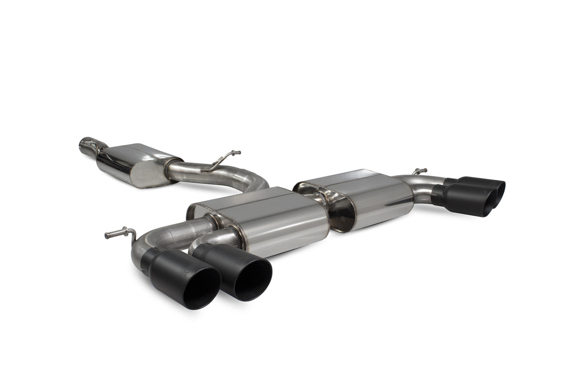 Scorpion Volkswagen Golf R MK7.5 GPF & Non-GPF GPF-Back Exhaust System with resonated cat-back design, metallic finish, and dual exhaust tips.