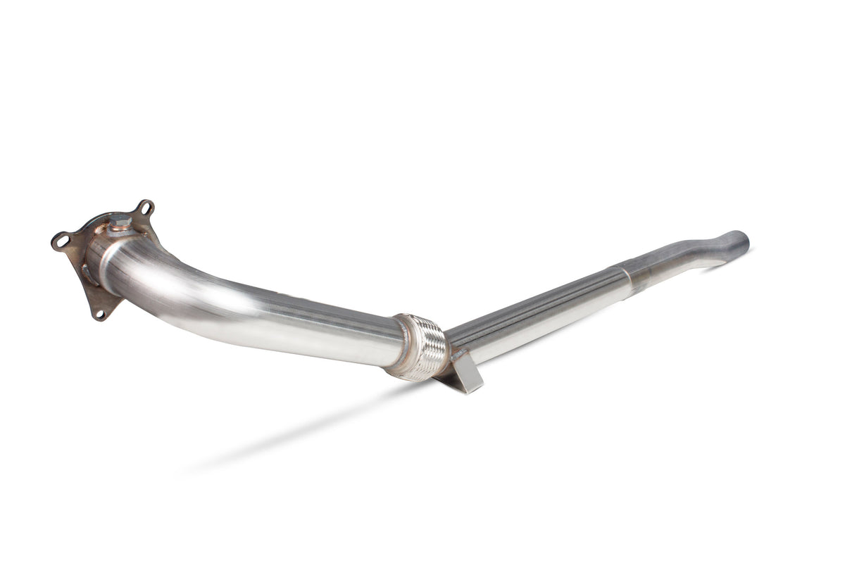 Scorpion Audi TT Mk2 2.0 TFSI de-cat downpipe showing polished stainless steel pipe and connection flanges
