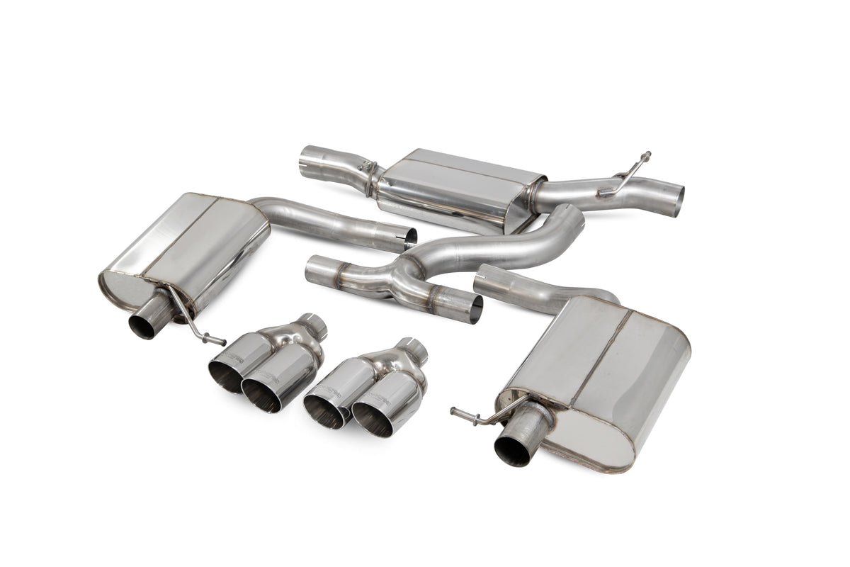 Scorpion Exhausts carbon edition resonated cat-back exhaust system for Seat Leon Cupra ST 300, showing the sleek metal pipes and tips